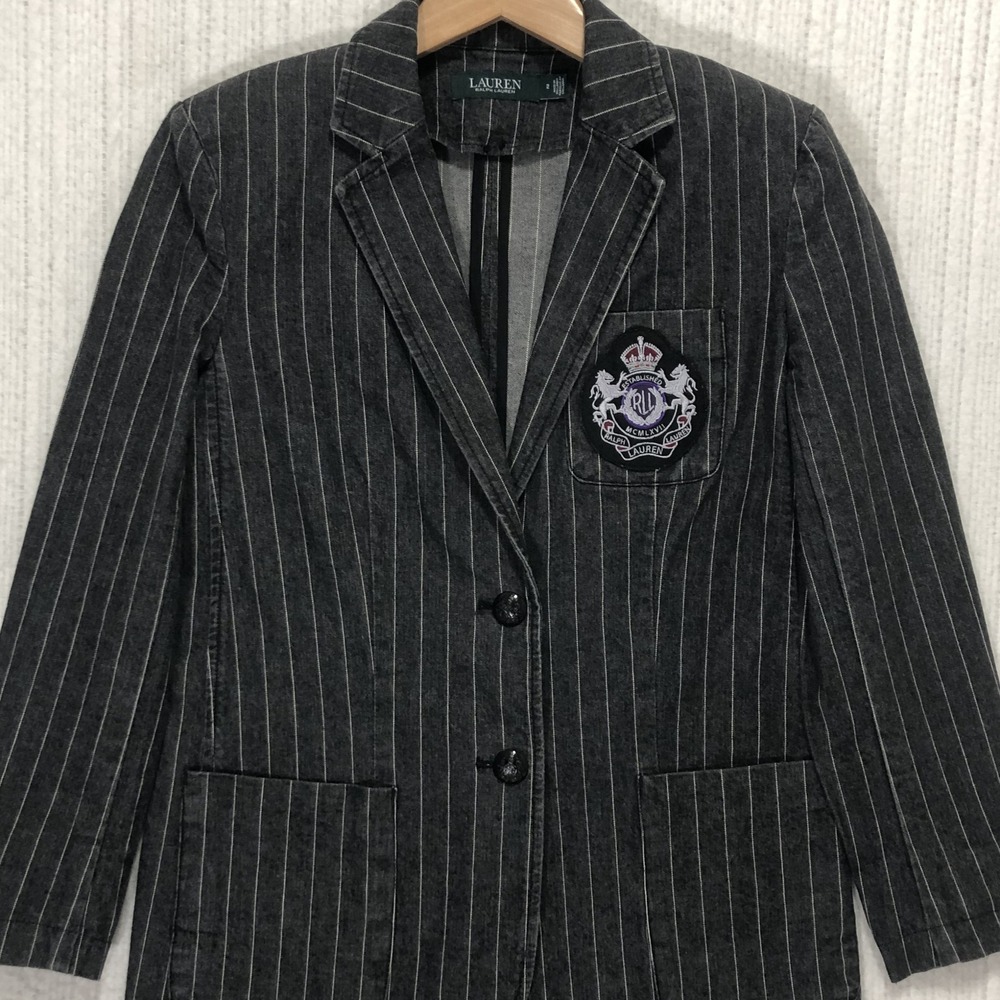 Lauren‎ Ralph Lauren Pinstripe Denim Crest Blazer Gray 2 MCMLXVII